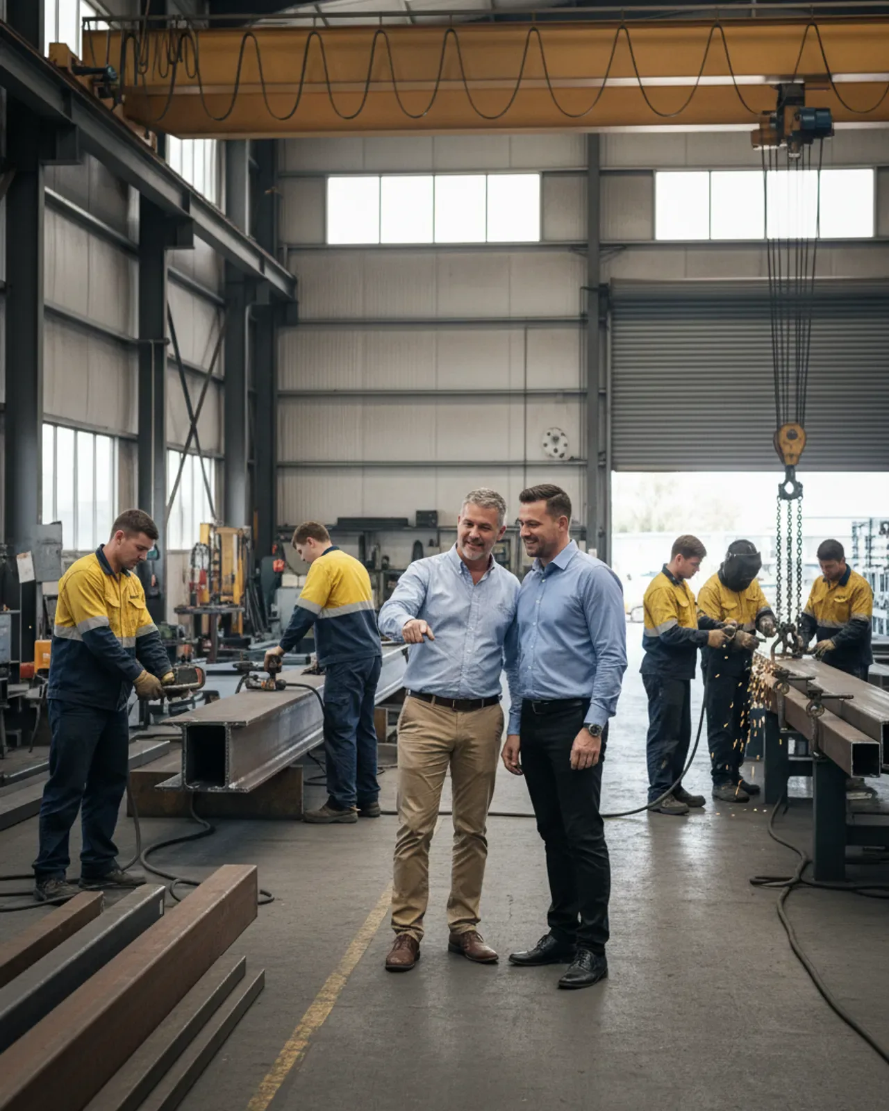 Queensland steel fabrication business owner showing fabricated work to a client inside the factory.